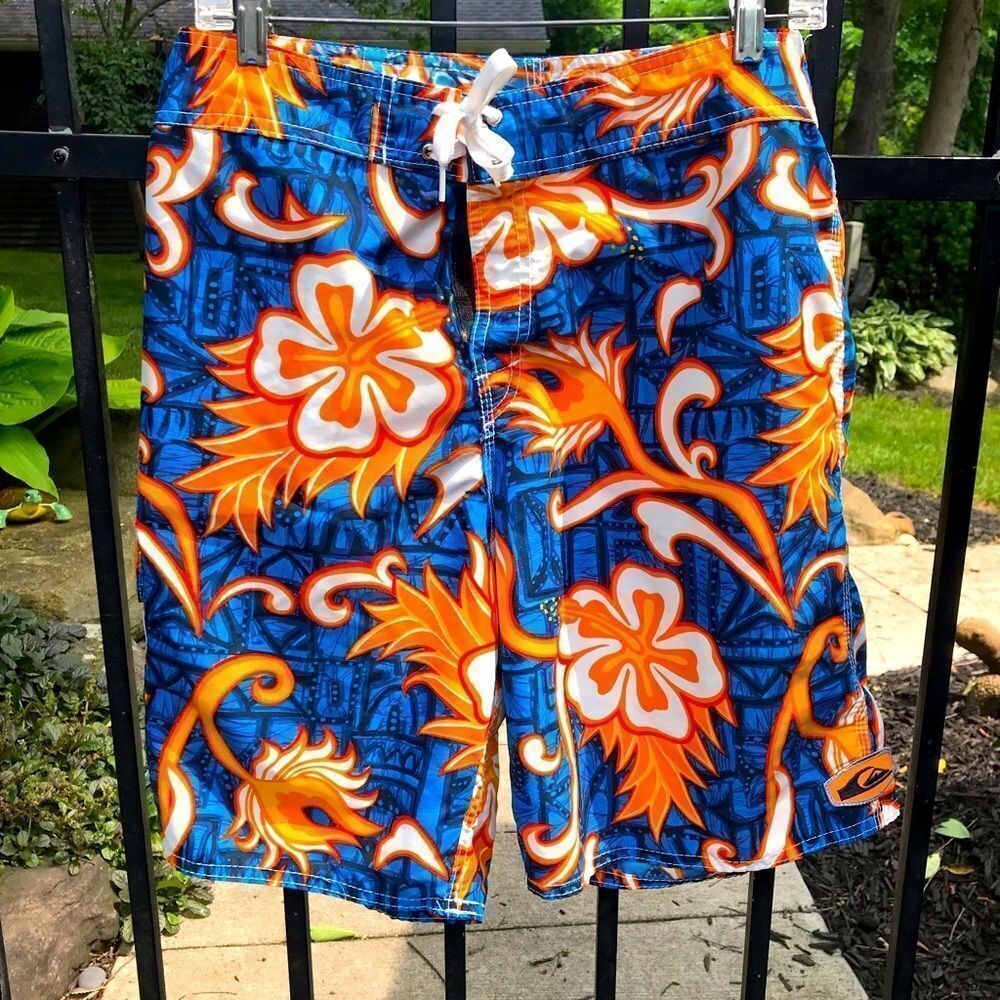QuickSilver board shorts in blue with orange